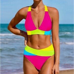 POPVIL TALL TRI COLOR BLOCK PATCHWORK BIKINI SET NWT